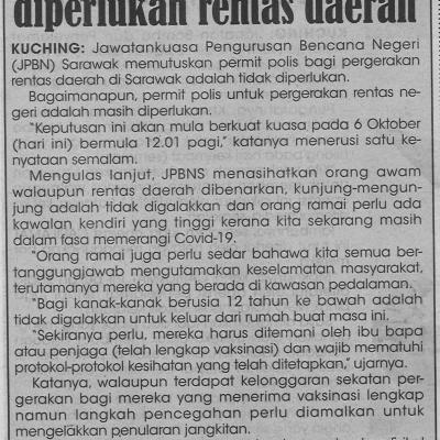 6.10.2021 Utusan Sarawak Pg.4 Permit Polis Tidak Lagi Diperlukan Rentas Daerah