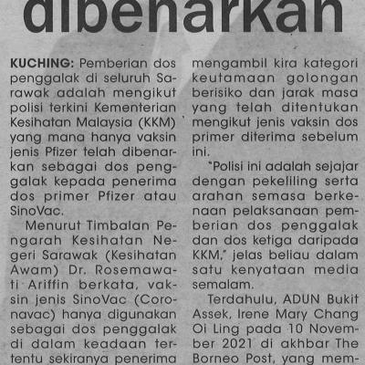 13.11.2021 Utusan Sarawak Pg.4 Hanya Pfizer Dibenarkan