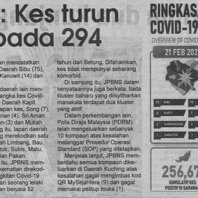 22.2.2022 Utusan Sarawak Pg.4 Covid 19 Kes Turun Lagi Kepada 294