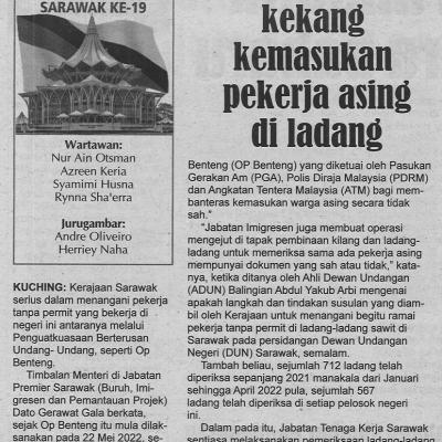 19.5.2022 Utusan Sarawak Pg.5 Sarawak Komited Kekang Kemasukan Pekerja Asing Di Ladang