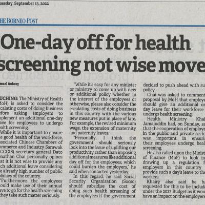 13.9.2022 Borneo Post Pg. 3 One Day Off For Health Screening Not Wise Move
