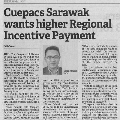 22.9.2022 Borneo Post Pg. 9 Cuepacs Sarawak Wants Higher Regional Incentive Payment