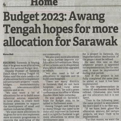 24.9.2022 Borneo Post Pg. 4 Budget 2023 Awang Tengah Hopes For More Allocation For Sarawak