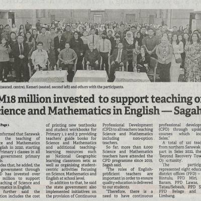 18.10.2022 Borneo Post Pg.2 Rm18 Millions Invested To Support Teaching Of Science And Mathematics In English Sagah
