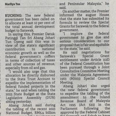 22.11.2022 Borneo Post Pg. 1 Swak Demands Putrajaya Allocate 10 Per Cent Of Devt Budget To State