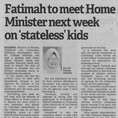 9.1.2023 Borneo Post Pg. 3 Fatimah To Meet Home Ministers Next Week On Stateless Kids