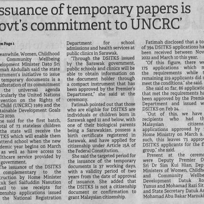 17 Mac 2023 Borneo Post Pg. 2 Issuance Of Temporary Papers Is Govts Commitment To Uncrc