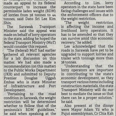10 April 2023 Borneo Post Pg. 2 Lee Sarawak Appeals To Federal Mot To Up Lorry Bdm To 44 Tones