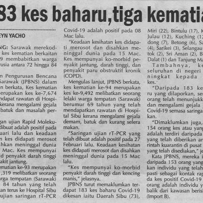 17.3.2021 Utusan Sarawak Pg.4 183 Kes Baharu Tiga Kematian