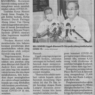 2.3.2021 Utusan Borneo Pg.5 Kerajaan Sarawak Mungkin Membeli Sendiri Vaksin Covid 19