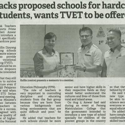 9 Ogos 2023 Borneo Post Pg. 4 Stu Backs Proposed Schools For Hardcore Poor Students Wants Tvet To Be Offered Too