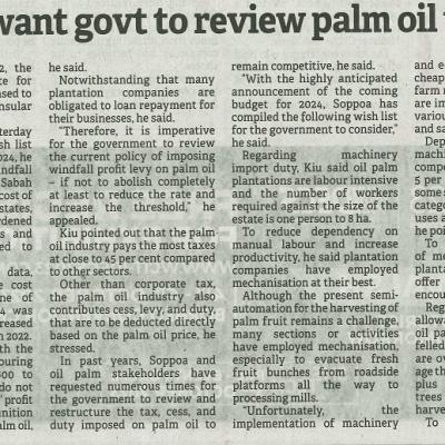 5 Oktober 2023 Borneo Post Pg.4 Plantation Owners Want Govt To Review Palm Oil Windfall Profit Levy