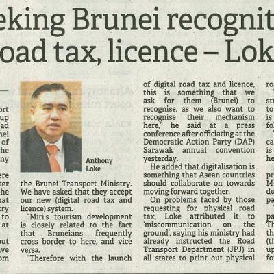 13 November 2023 Borneo Post Pg.1 Mot Seeking Brunie Recognition Of Digital Road Tax Licence Loke