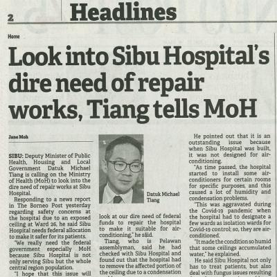 14 November 2023 Borneo Post Pg.2 Look Into Sibu Hospitals Dire Need Of Repair Works Tiang Tells Moh