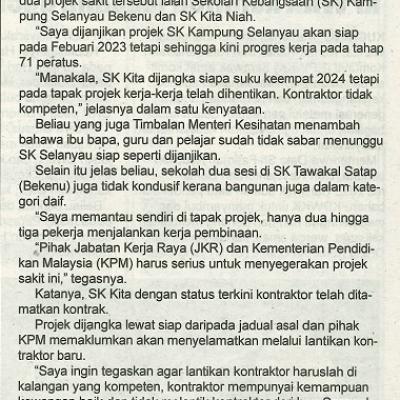 16 November 2023 Utusan Sarawak Pg.6 Segerakan Pembinaan Projek Sakit Sekolah Daif
