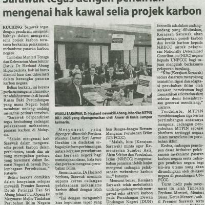 2 November 2023 Utusan Borneo Pg.2 Sarawak Tegas Dengan Pendirian Mengenai Hak Kawal Selia Projek Karbon