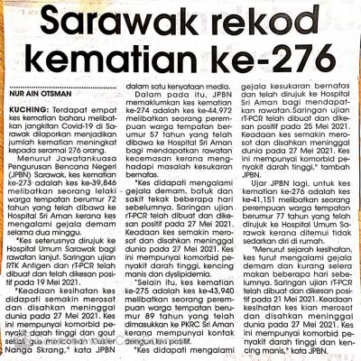 29.5.2021 Utusan Sarawak Pg.4 Sarawak Rekod Kematian Ke 276