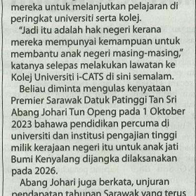 6 Mac 2024 Utusan Sarawak Pg.1 Setiap Negeri Berhak Laksana Pendidikan Tinggi Percuma