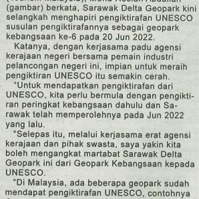04 April 2024 Utusan Sarawak Pg.8 Sarawak Delta Geopark Hampiri Pengiktirafan Unesco