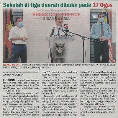 1. Sekolah Di Tiga Daerah Dibuka Pada 17 Ogos Utusan Sarawak Pg3