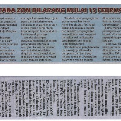 15.2.2021 Utusan Borneo Pg.1 2 Pergerakan Antara Zon Dilarang Mula 15 Februari Hingga 1 Mac